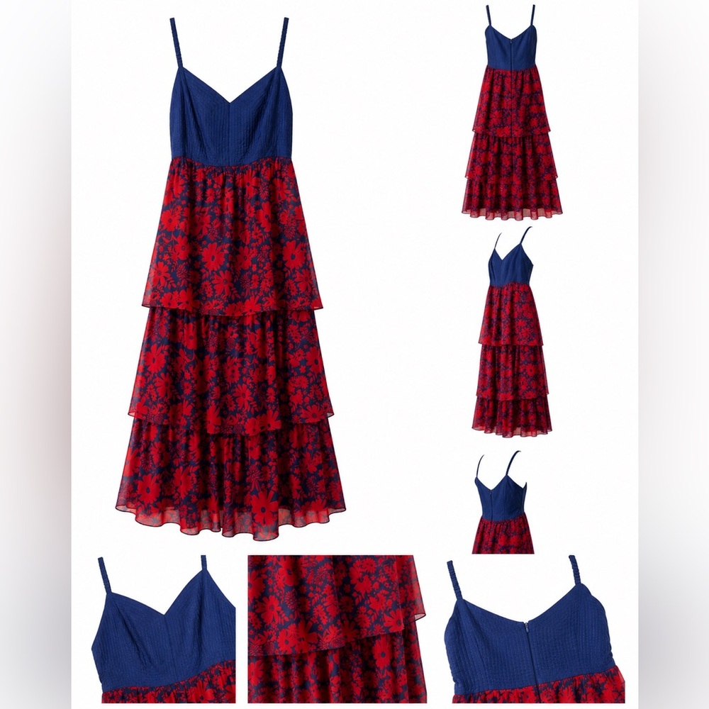 Anthropologie Geisha Designs Tiered Floral Maxi Dress XL Blue Red